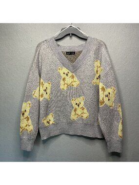 Social Scene XL Teddy Bear Knit Sweater Gray Yellow V-Neck Pullover Lightweight